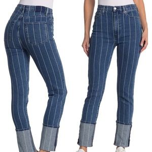 Pinstriped jeans with long cuffed ankles